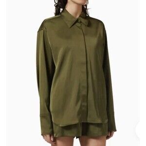 Good American Womens Juniper Green Long  Sleeve Shirt Top Size S‎ / M Satin Like